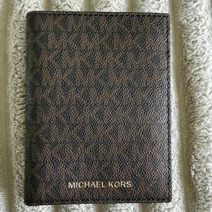 Michael Kors Brown Signature Logo Passport Holder Bifold Wallet Card Case